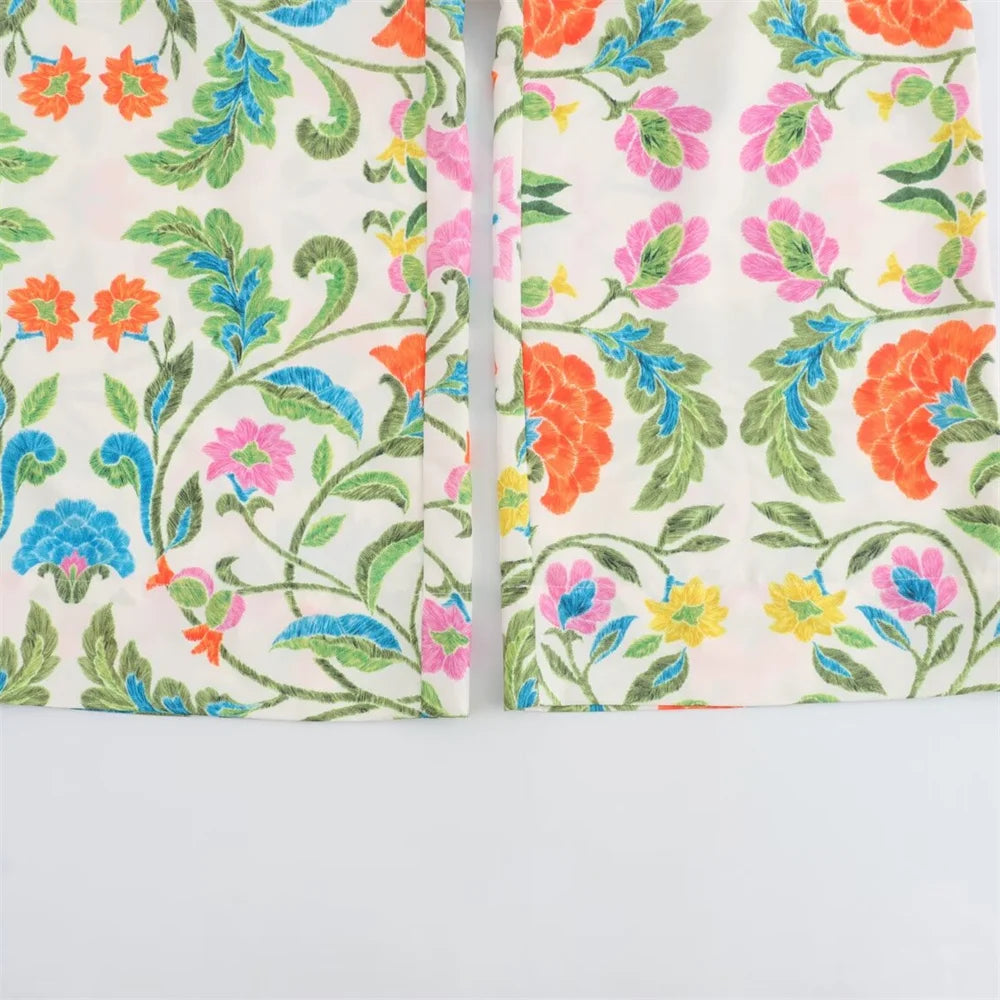 Women’s Simple and Elegant Flip Collar Printed Shirt Mid Waist Straight Leg Pants Casual Set