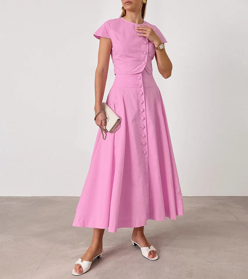 Pink Long Skirt Two Piece Elegant Shirt Button Top Loose A-Line Set