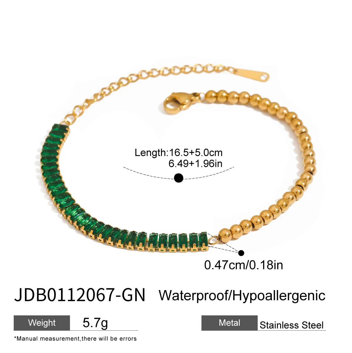 Stainless Steel Rectangular Green Zirconia Chain Bracelet