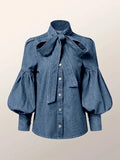 Trendy Imitation Denim Blouse Tops for Women Long Puff - Norellé