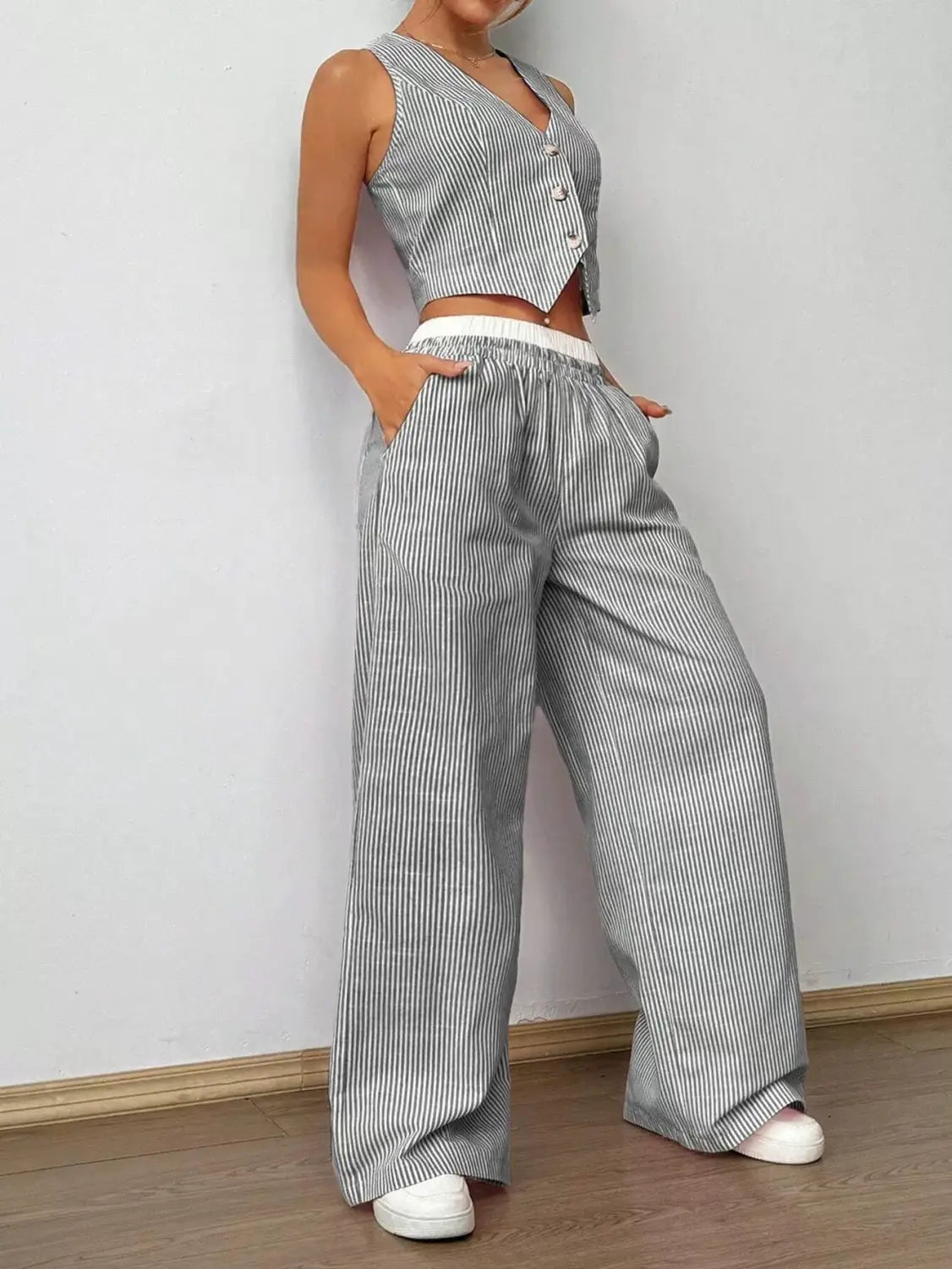 Striped Sleeveless V-Neck Vest + Waist Contrast Color Trousers Two-Piece Set