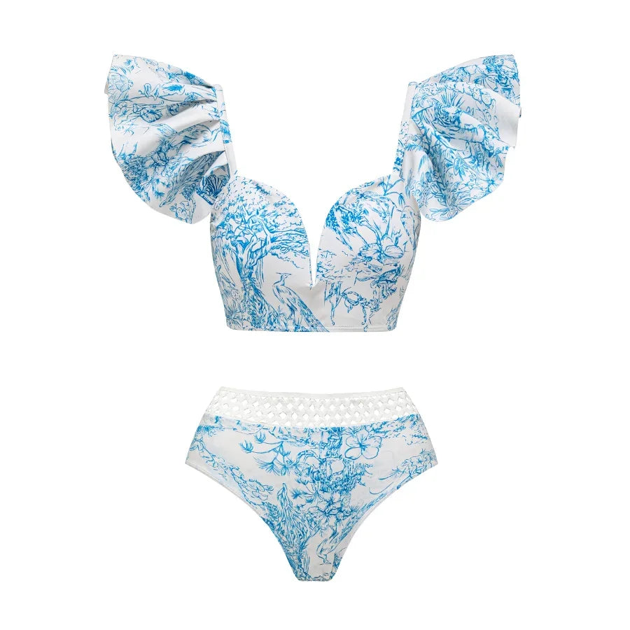 Print Net Yarn Splicing Bikini Swimsuit and Tiered Skirt - Norellé