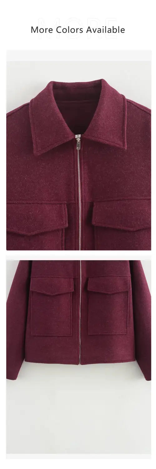Women’s Clothing Style Fashion Versatile Wine Red Large Pocket Zipper Woolen Coat