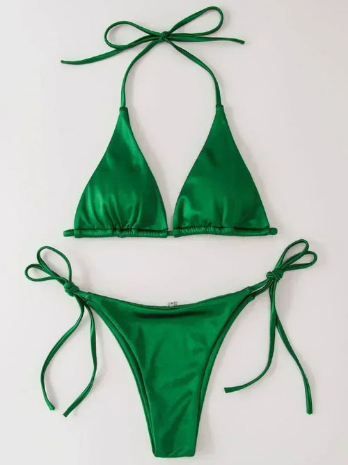 Halter Brazilian Metallic Satin Bikini Women Swimwear Female Swimsuit - Norellé