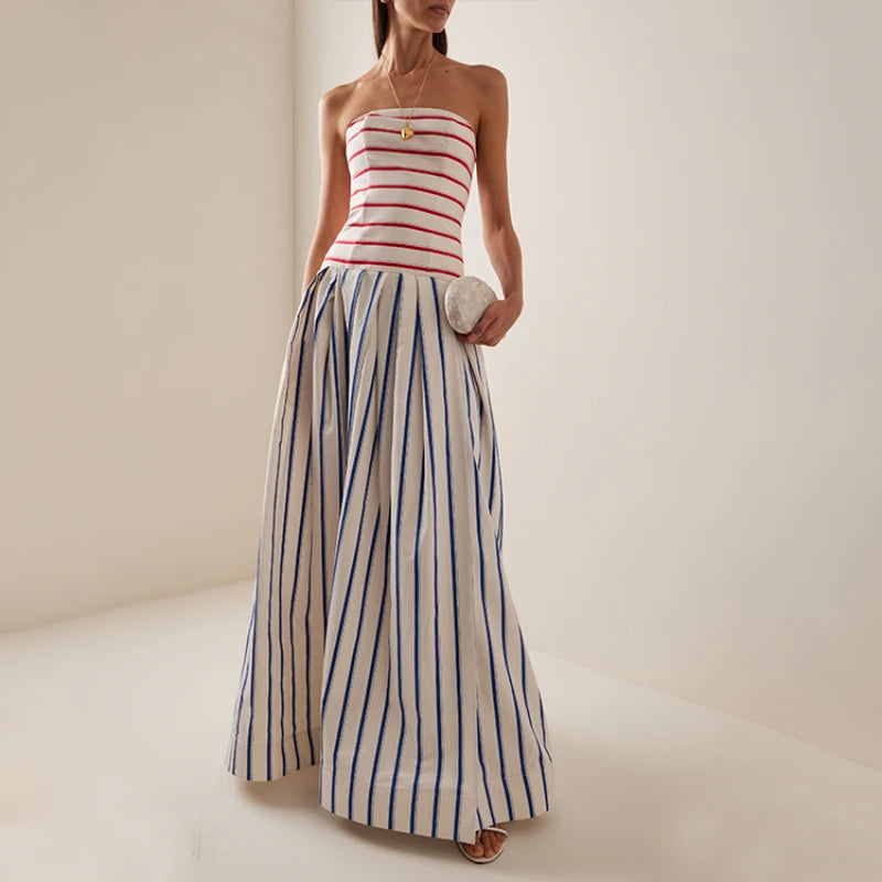 Bandeau Striped Print Sling Maxi Dress Summer Off The Shoulder - Norellé
