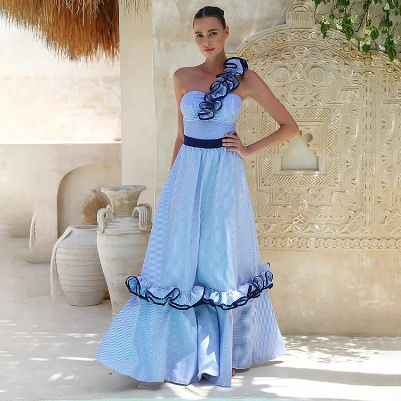 Women One Shoulder Ruffle Stripe Print Swimwear And Skirt Suit - Norellé