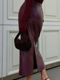 Elegant Burgundy Skirt High Waist Slim Fashion Slit Long - Norellé