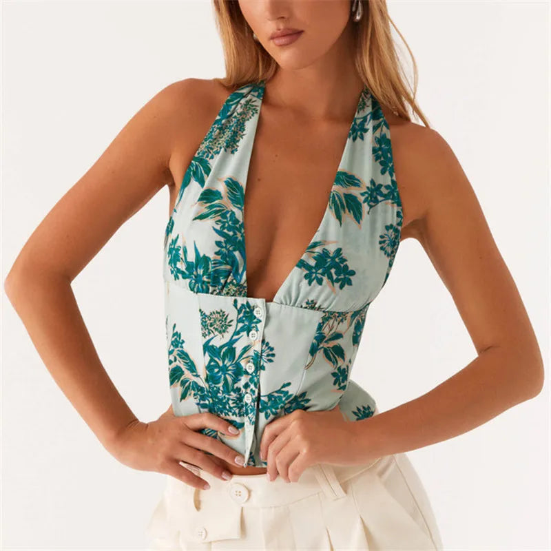 Women’s Halter Crop Top Deep V Neck