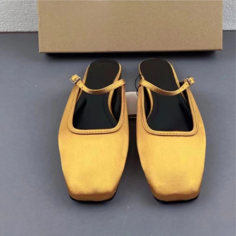 Women Flats Square Toe Buckle Strap Breathable Mules