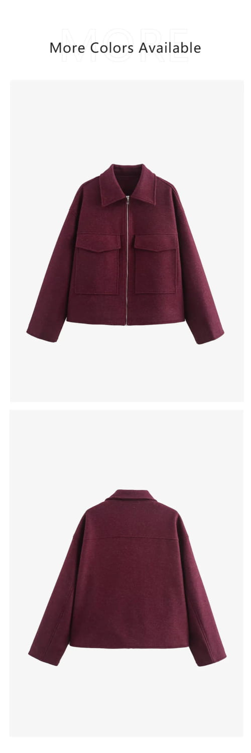 Women’s Clothing Style Fashion Versatile Wine Red Large Pocket Zipper Woolen Coat