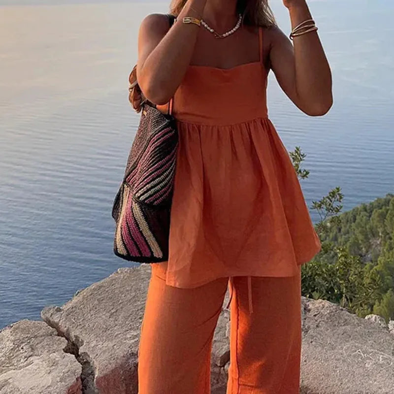 Leinen Baumwolle Orange Damen Set 2 Stück Hosen Set 