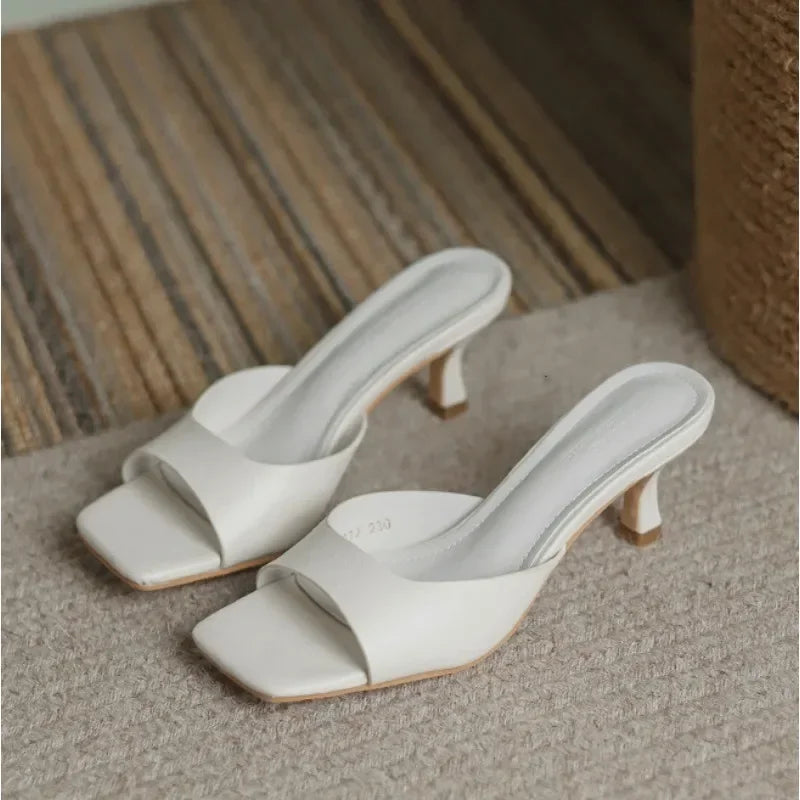 Genuine Leather French Slim Heel Slippers for Women's