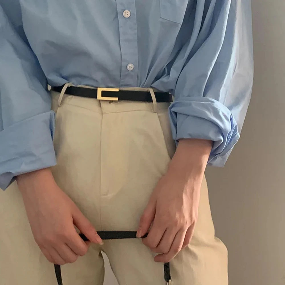 Women Thin Belt Black PU Leather