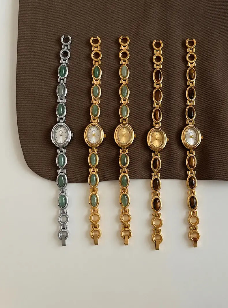 Women’s Watch Natural Premium Jade Gold Silver Bracelet Quartz