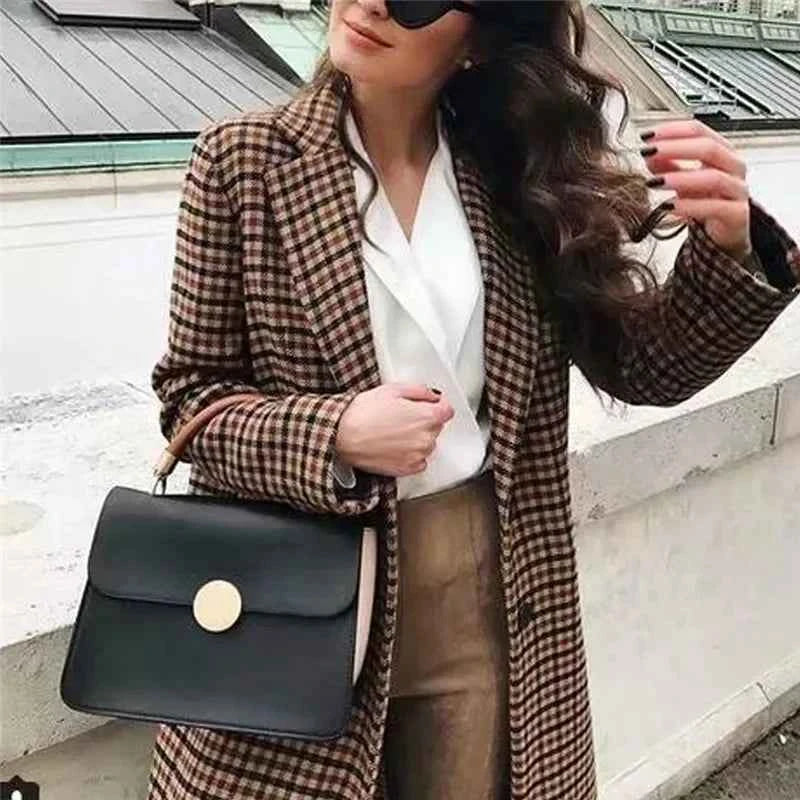 Vintage Bouble Breasted Plaid Women Blazer
