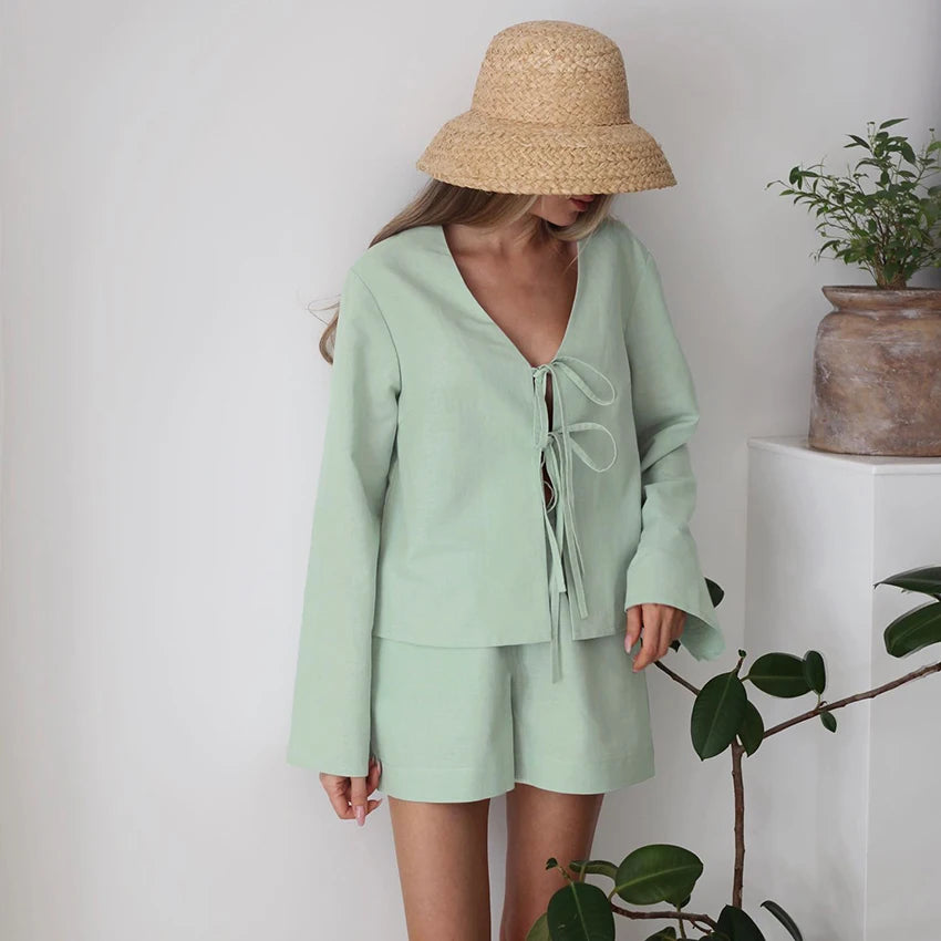 V-hals blondetopp Casual langermede skjorter med elastisk midje shorts 