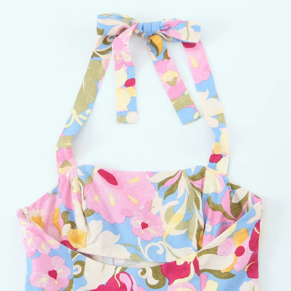 Women’s Hanging Neck Strap Pleated Long Dress