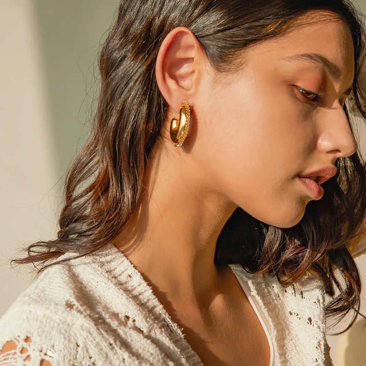 Delicate Rhinestone Inlay Stainless Steel Hoop Earrings