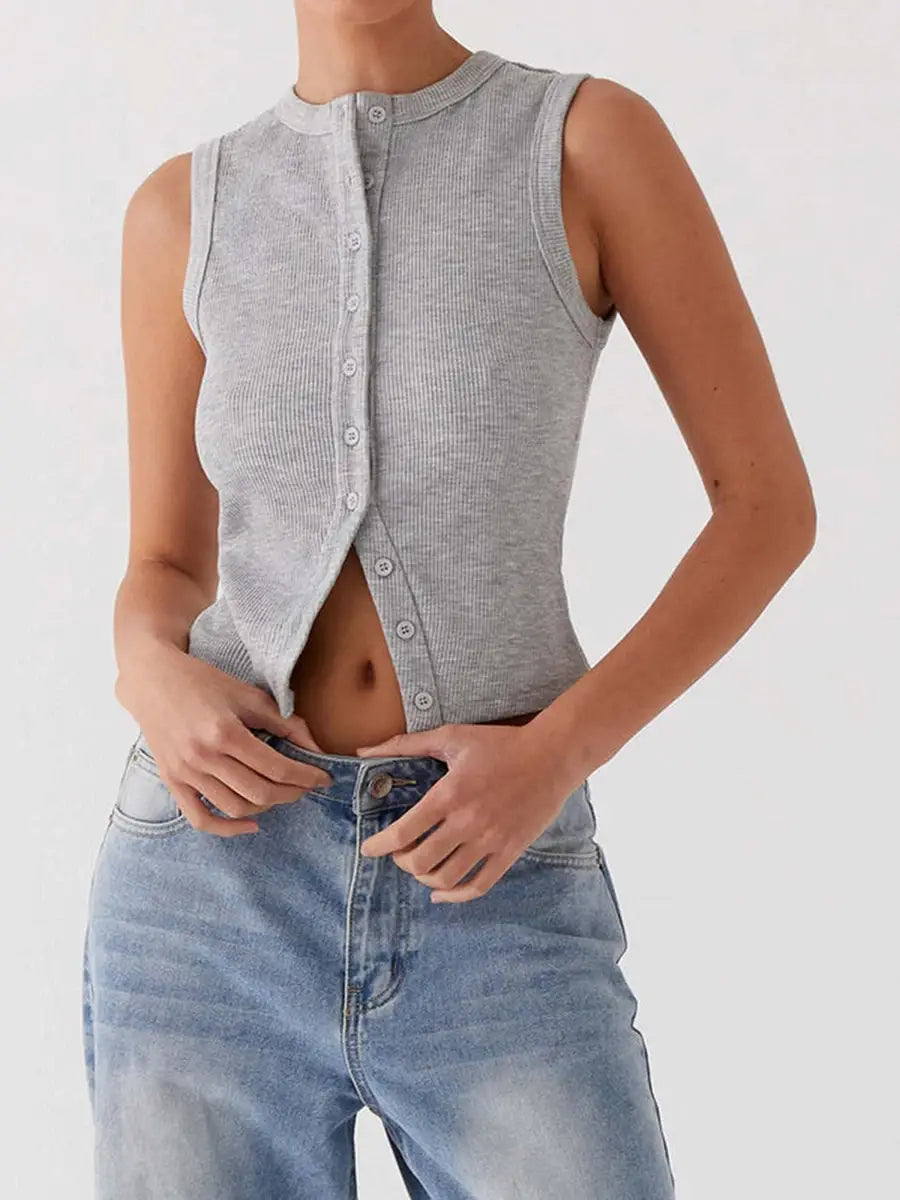 Vintage Ribbed Women Button Tank Top