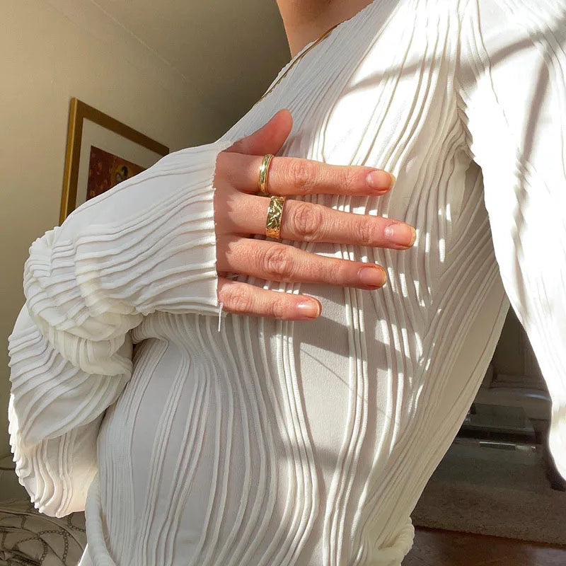 Casual Ruched Long Sleeve T-shirt Blouses Female White - Norellé