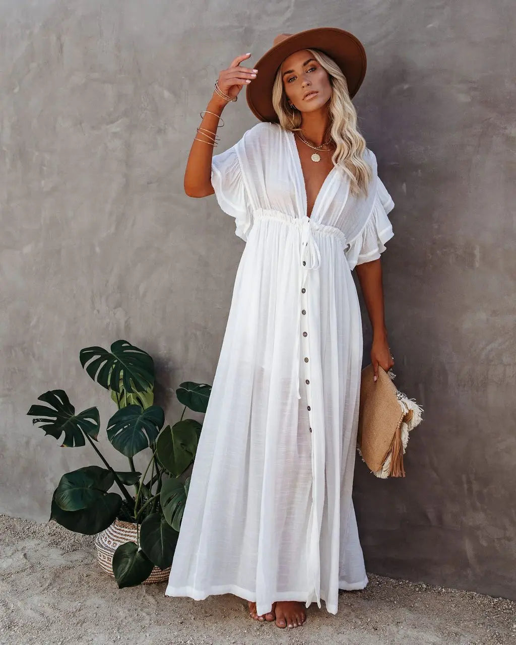 Long Bikini Cover Ups for Women Solid V-Neck Kimono Beach - Norellé
