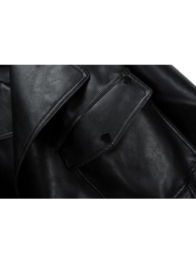 High Street Women Lapel Loose Pu Faux Leather Short Jacket