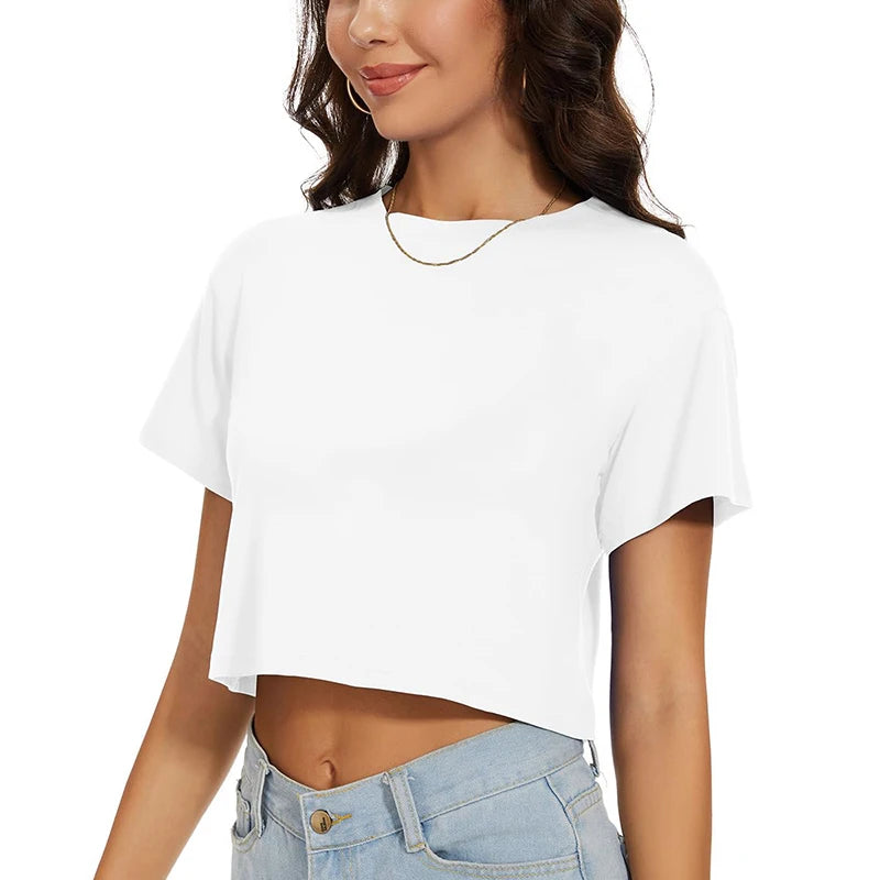 Women's Crop Tops Casual Female White Crop Tops T-shirt