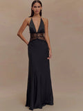 Patchwork Deep V-neck Lace Halter Women Maxi Dress - Norellé