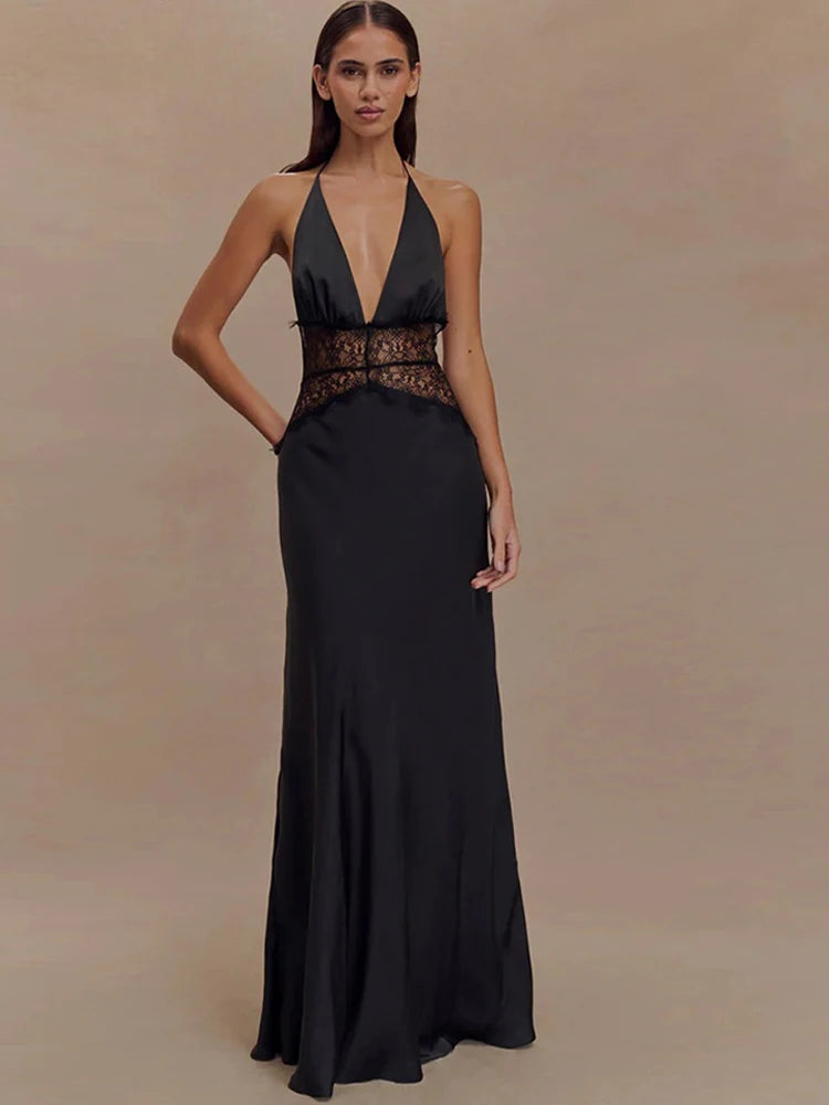 Patchwork Deep V-neck Lace Halter Women Maxi Dress - Norellé