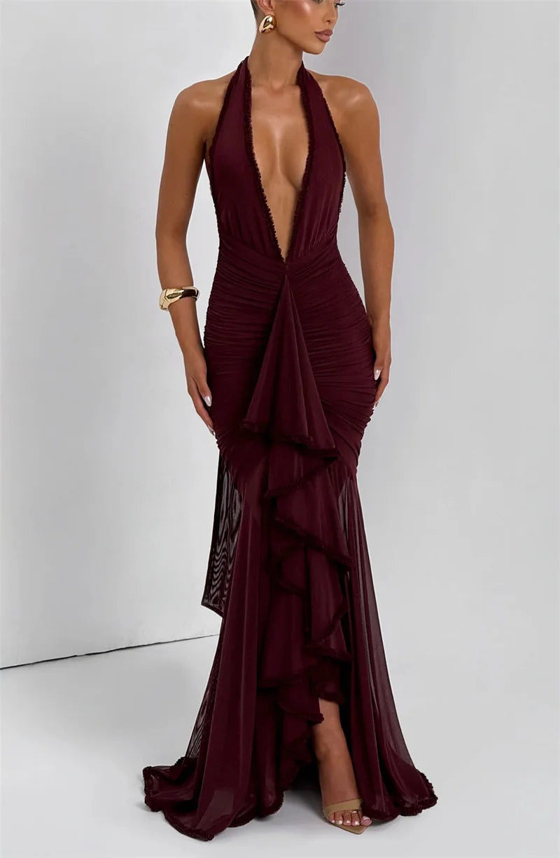 Elegant Halter Deep V Neck Maxi Dress Women