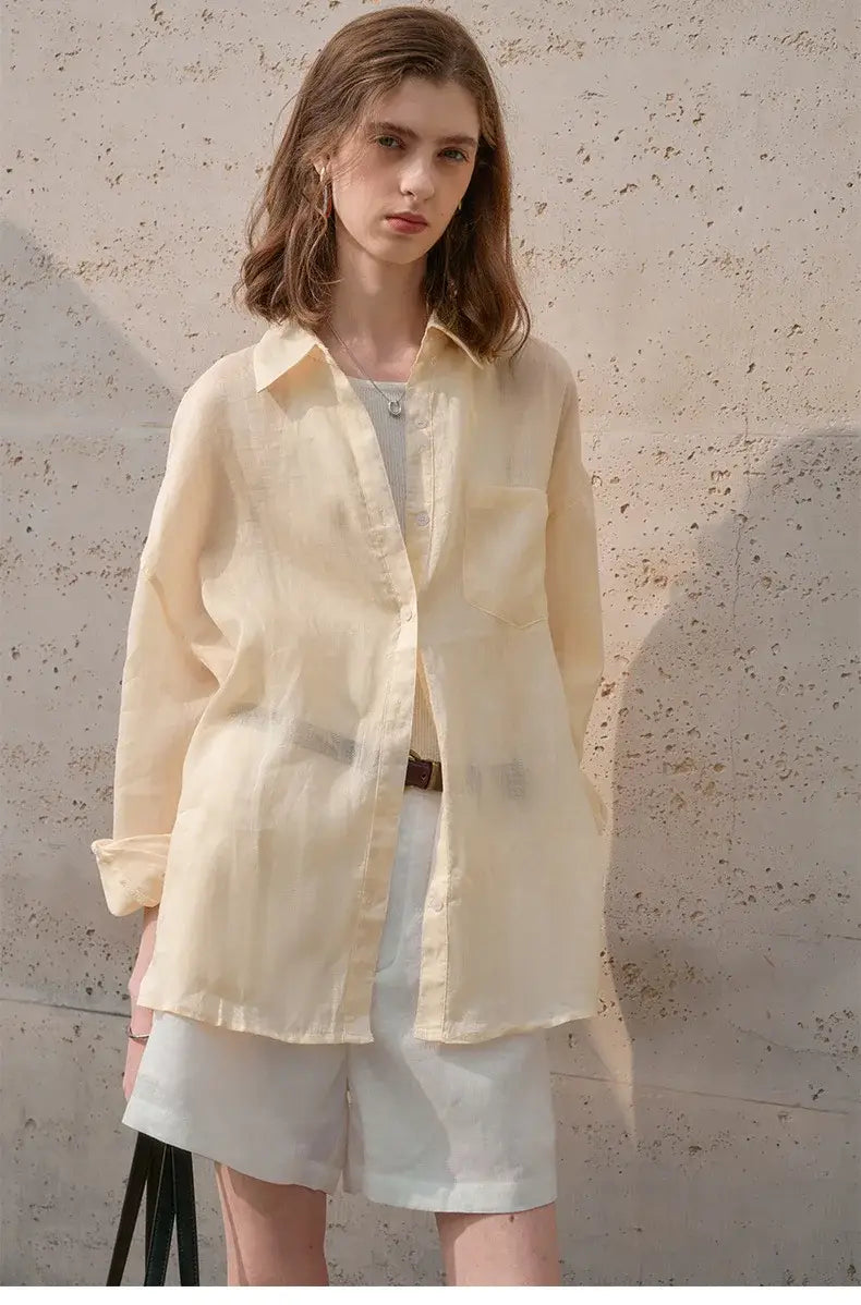 Women’s Lapel Long-Sleeved White Casual Loose Blouse