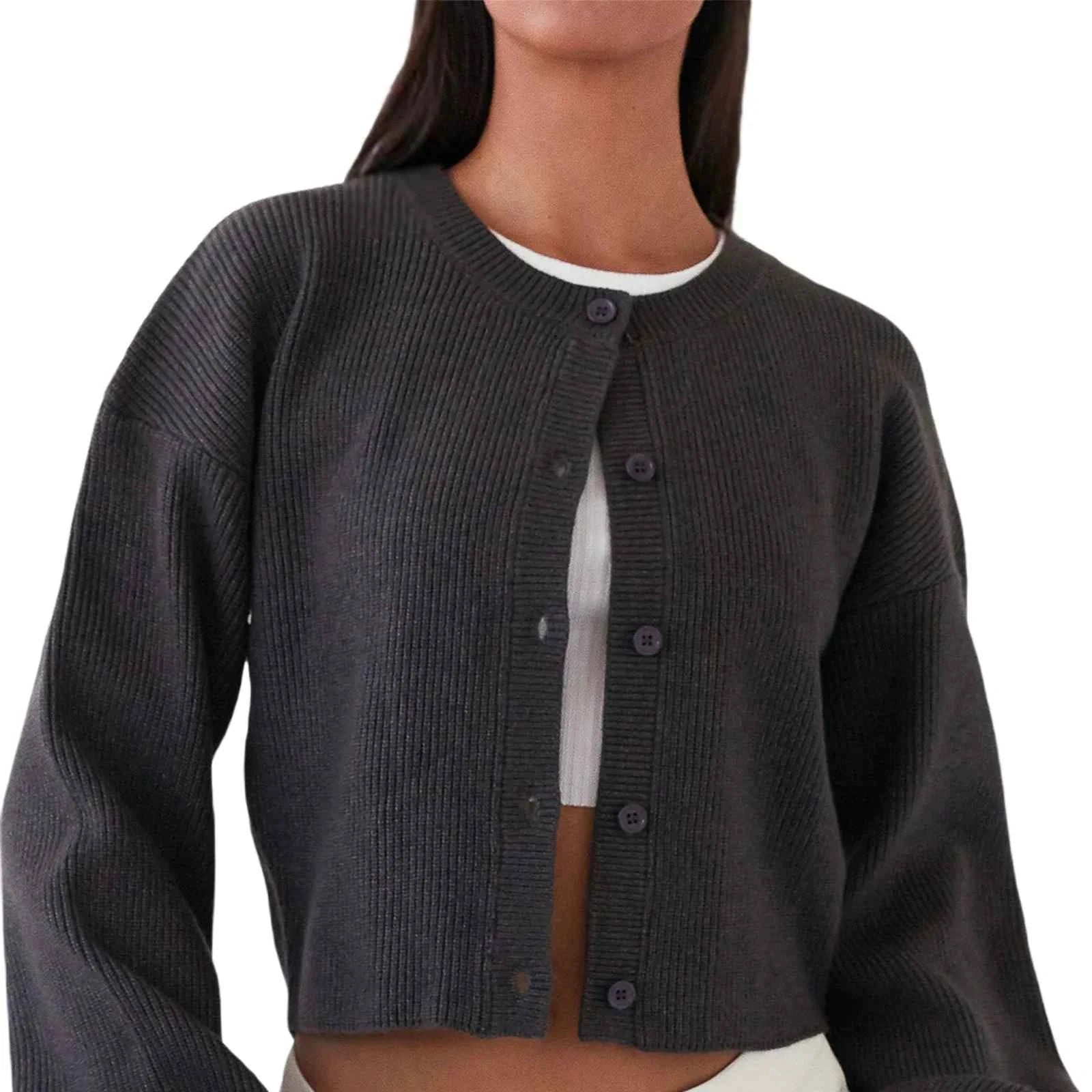 Women Casual Loose O-neck Single Breasted Long Sleeve Sweaters