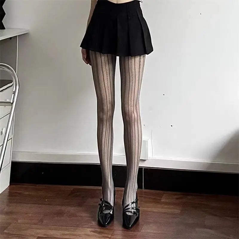 Striped Tights Women Figures Hollow-Out Lace Fishnet