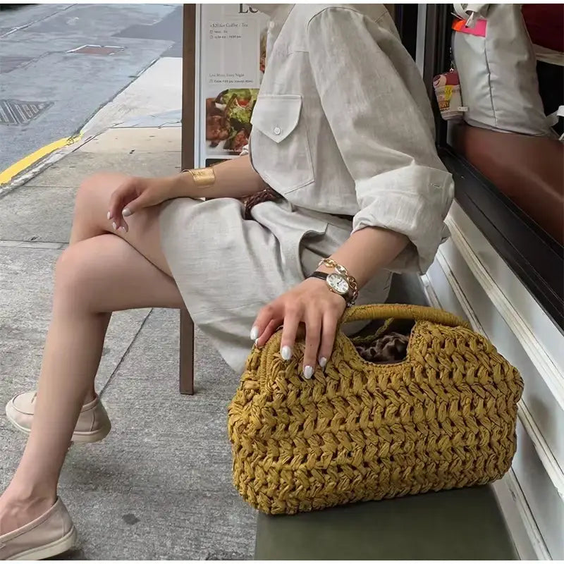 Natural Fiber Snap Clutch Bag