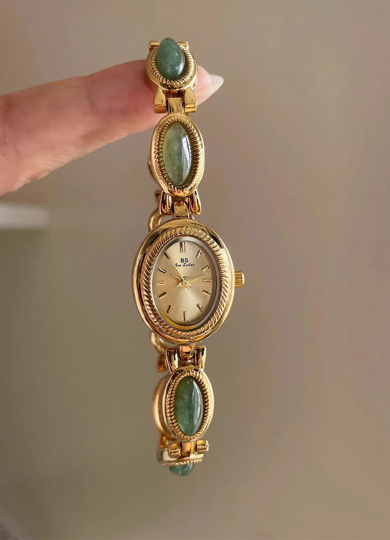 Women’s Watch Natural Premium Jade Gold Silver Bracelet Quartz