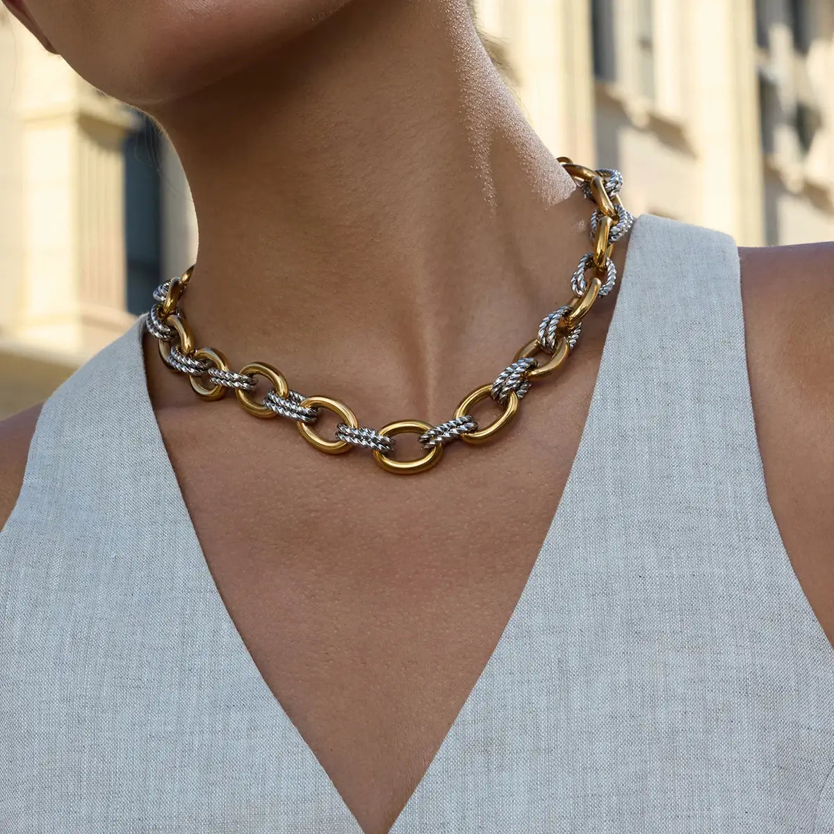 Stainless Steel Double Color Oval Smooth Fried Dough Twists Necklace