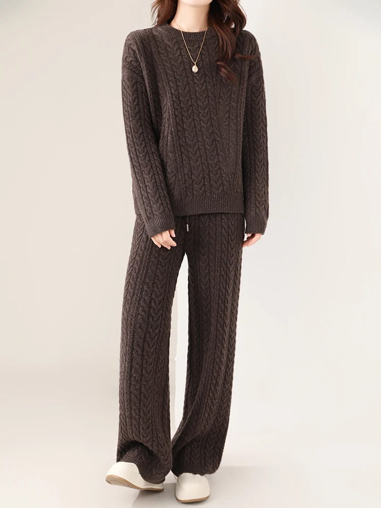 100% Wool Suit Women’s Pullover Sweater Knitting O-neck Wide Leg Pant