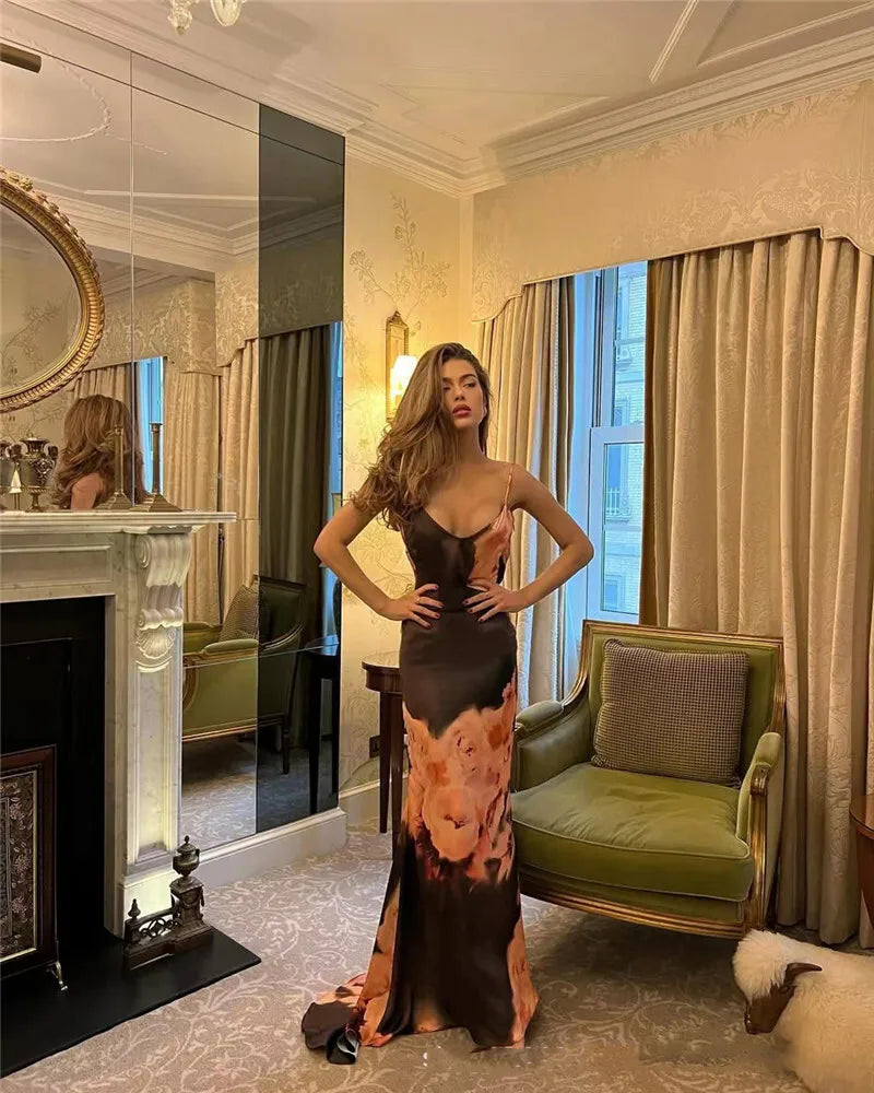 Satin Floral Print Maxi Dress Women