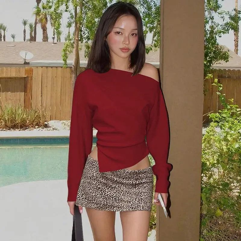 Inclined Shoulder Long Sleeve T-shirt Women