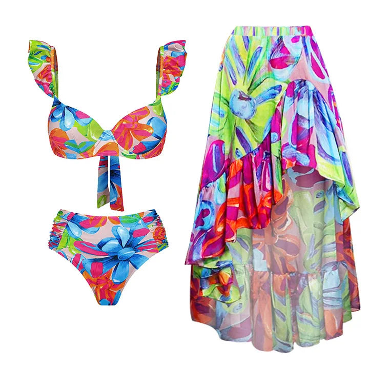 Women's Colorful Print Deep V One Piece Bikini Set - Norellé