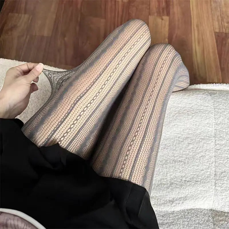 Striped Tights Women Figures Hollow-Out Lace Fishnet