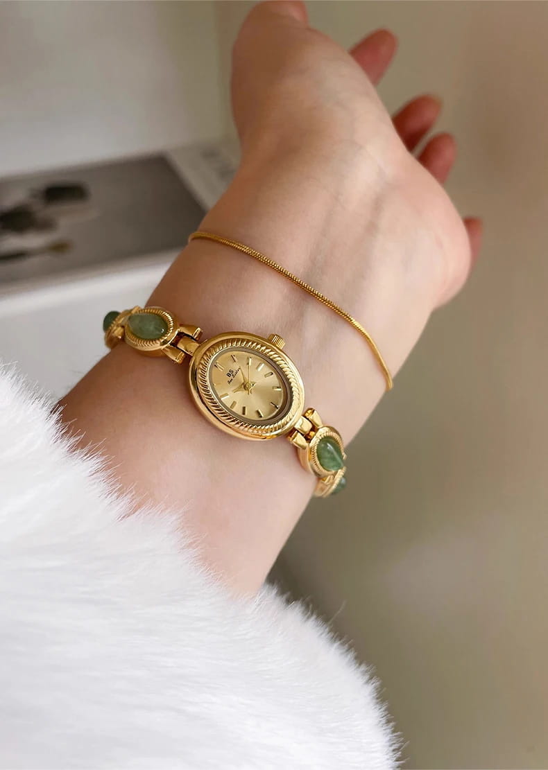 Women’s Watch Natural Premium Jade Gold Silver Bracelet Quartz
