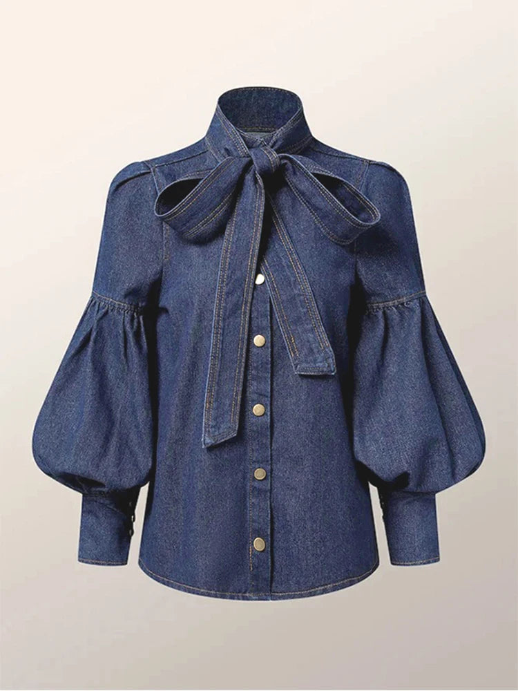 Trendy Imitation Denim Blouse Tops for Women Long Puff - Norellé