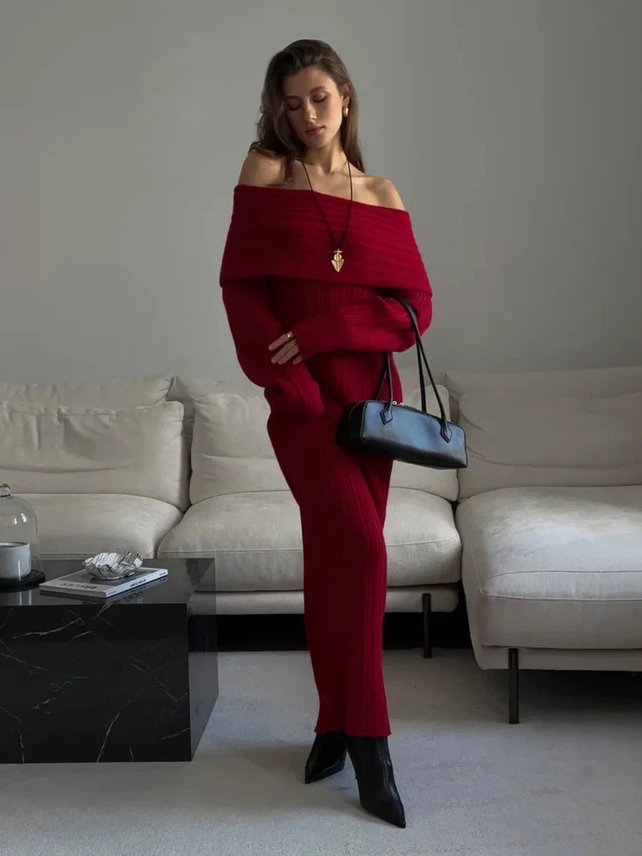 Knit Long Dress One Shoulder Sleeve