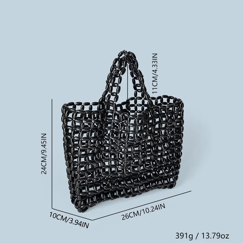 Summer Women’s Handwoven Totes Beach Holiday Hollowed-Out Wooden Beaded Bag