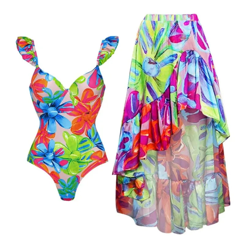 Women's Colorful Print Deep V One Piece Bikini Set - Norellé