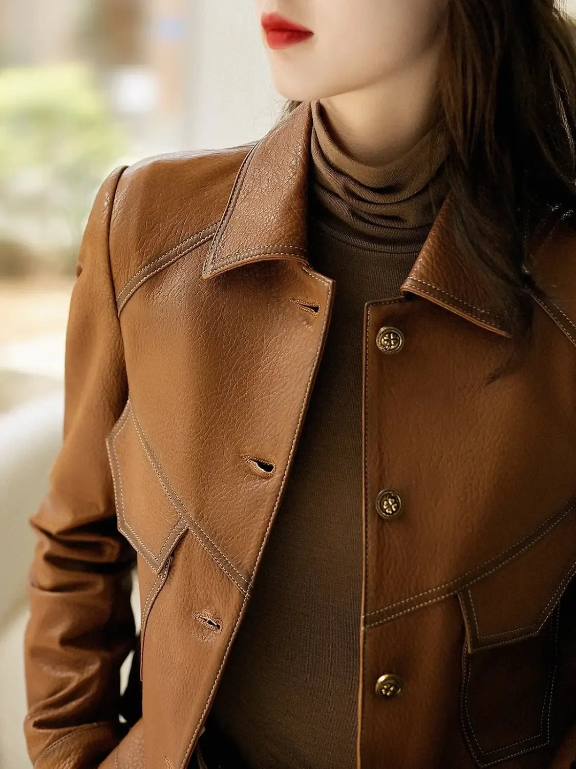 Single Breasted Leather Jacket Women’s Short Slim Fit Motorcycle