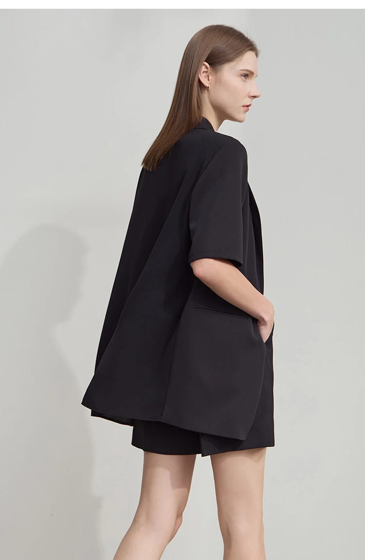 Lapel Contrast Material Patchwork One Button Short Sleeve Blazer