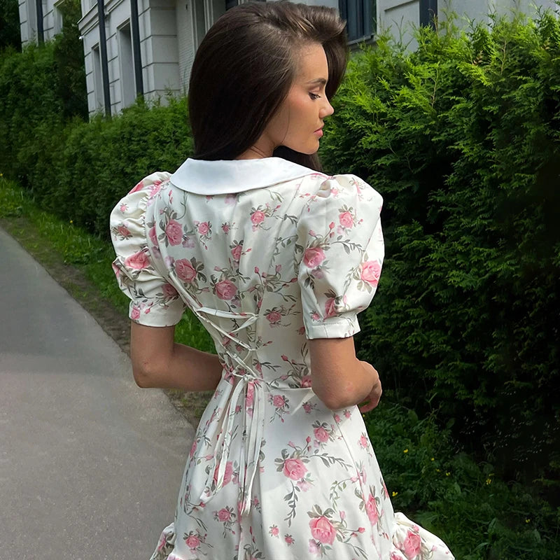 Print Puff Sleeves Ruffled Dress - Norellé