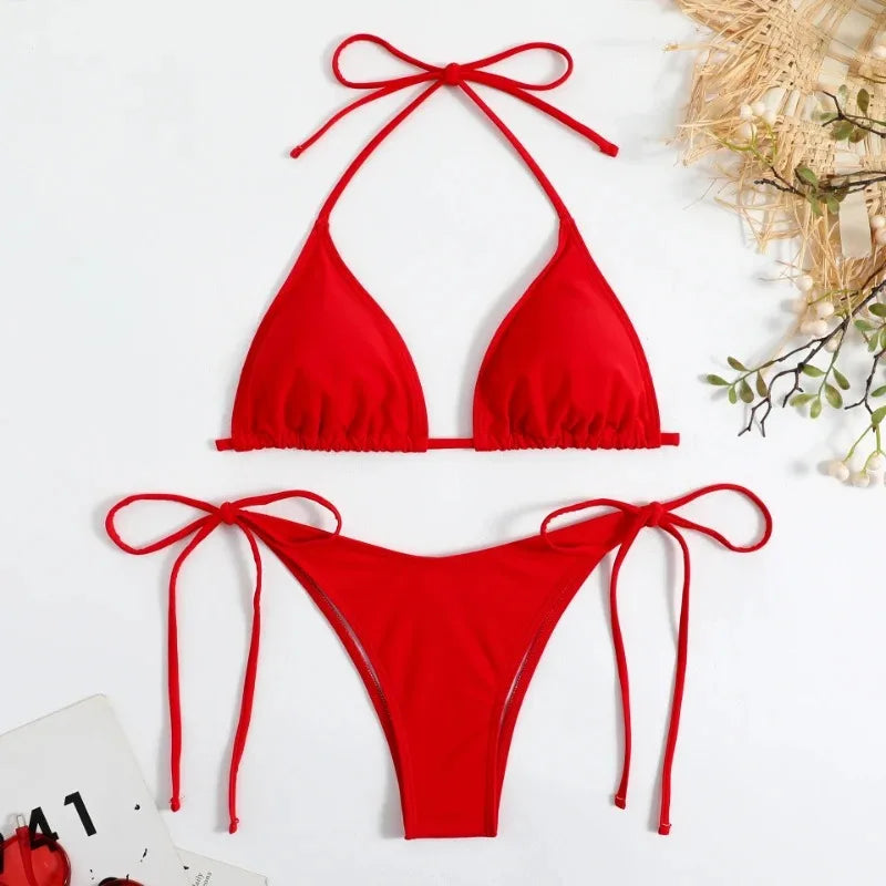 Women Thong Solid Color Bikini Set Side Halter Tie Swimsuit - Norellé